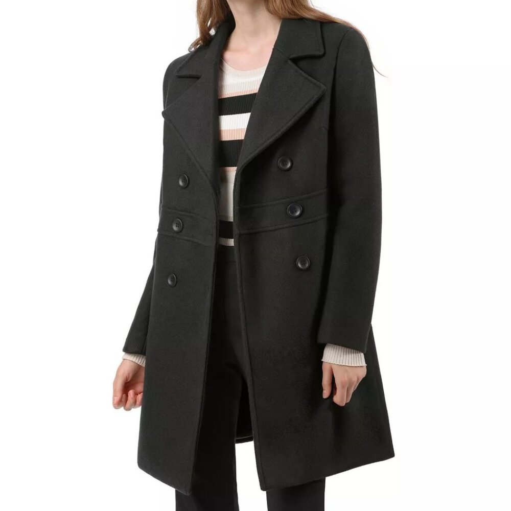 Allegra K Women's Notched Lapel Long Sleeves Double Breasted Mid-Length Coat - Picture 2 of 13